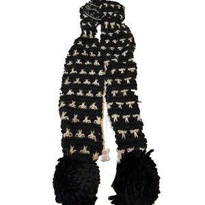 NWT Old Navy Scarf Black Wool Blend Cream Bows Pom Poms Winter Boho Cozy Wrap